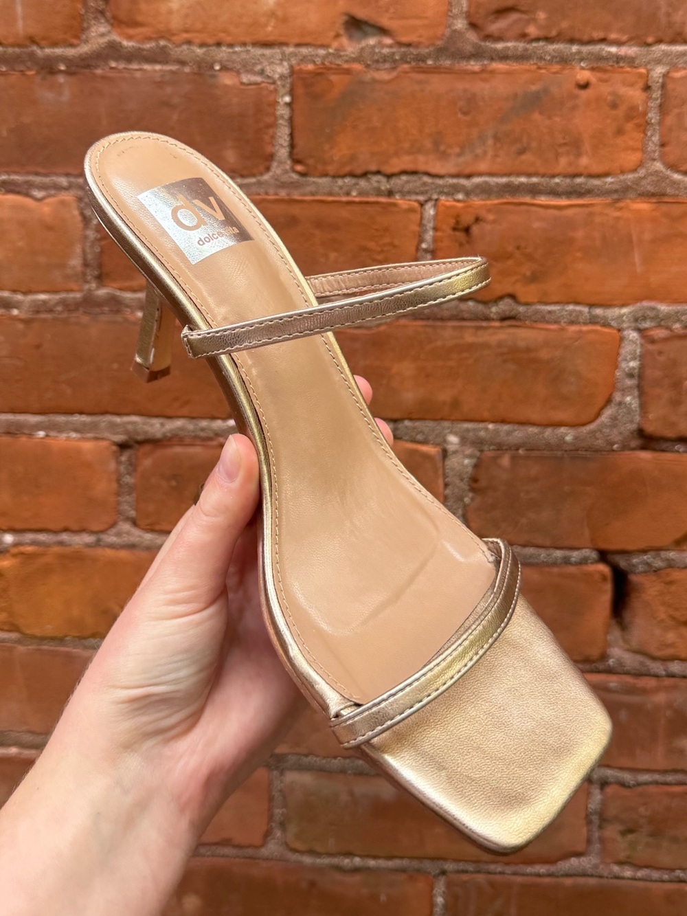 Dolce Vita Metallic Strappy Square Toe Kitten Heel Sandals